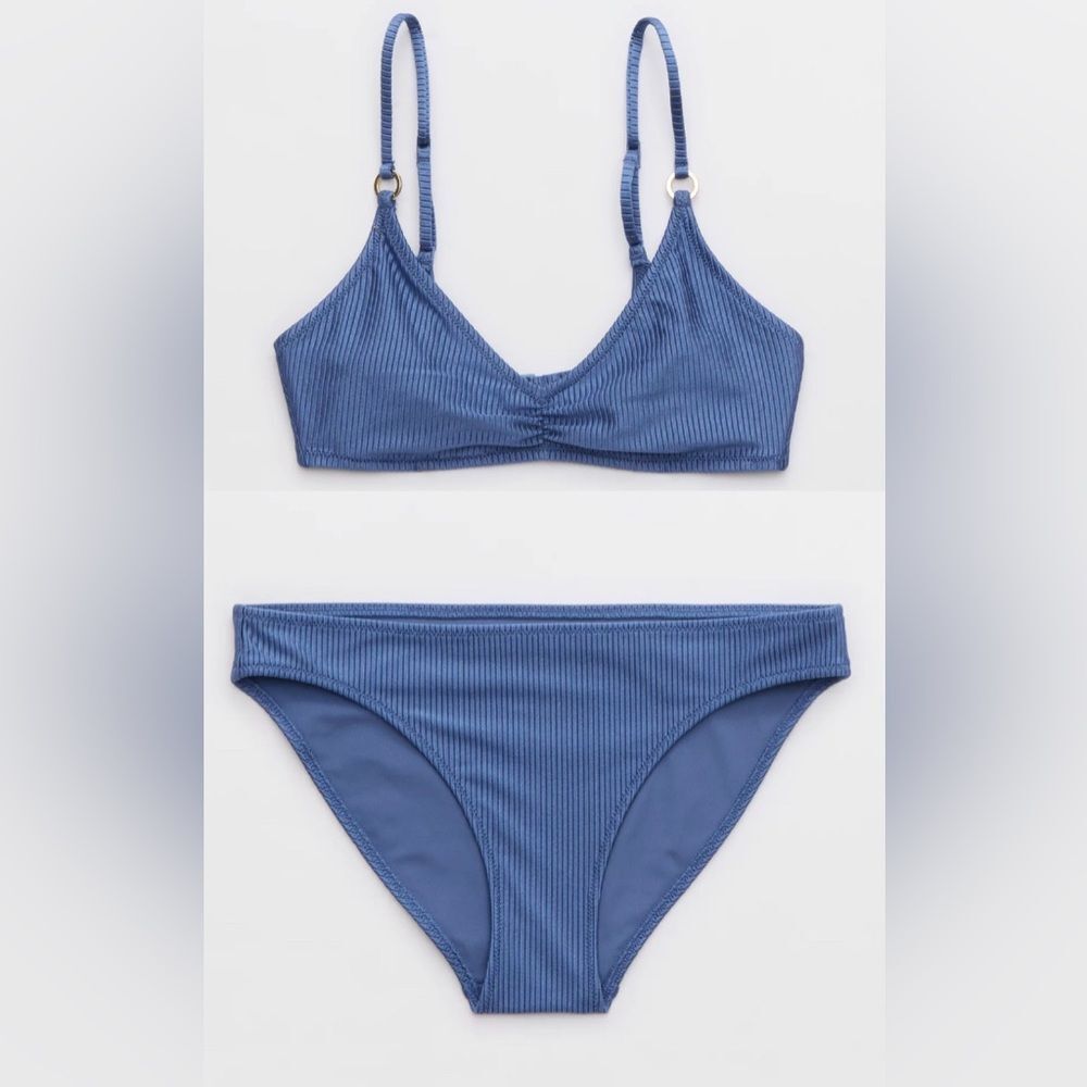 NWT Aerie FULL SET Beach Babe Shine Rib Voop Top + Full Coverage Bottom Blue - M